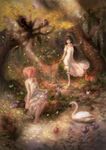  akemi_homura animal apple bird black_hair bug bunny butterfly cat crow deer dress flower food forest fruit hair_ribbon highres insect jao_(artofjao) kaname_madoka lizard long_hair mahou_shoujo_madoka_magica multiple_girls nature petals pink_hair pond ribbon short_hair sitting snake squirrel sunlight swan tree twintails white_dress wolf yuri 