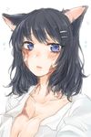  animal_ears ayu_(sweetfish_man) black_hair blue_eyes blush burn_scar cat_ears collarbone dorei_to_no_seikatsu_~teaching_feeling~ dress_shirt flying_sweatdrops hair_ornament hairclip highres kemonomimi_mode looking_at_viewer open_clothes open_shirt scar shirt simple_background sketch solo sylvie_(dorei_to_no_seikatsu) white_background white_shirt 