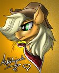  2013 abstract_background applejack_(mlp) blonde_hair clothing cowboy_hat earth_pony english_text equine female feral friendship_is_magic fur green_eyes hair hat horse inkybeaker mammal my_little_pony orange_fur pony portrait scarf solo text 