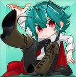  antennae bifrst boots box cape chibi earrings green_hair high_heel_boots high_heels highres in_box in_container jewelry red_eyes short_hair solo touhou wriggle_nightbug 