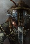  blue_eyes brown_gloves brown_hair dark_souls dark_souls_ii feathers gloves highres long_hair long_sleeves lucatiel_of_mirrah solo souls_(from_software) sword taipoh weapon 