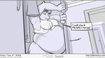  2016 anthro areola belly big_belly big_breasts bottomless breasts canine closet clothed clothing comic dialogue english_text faf fur hair hetty inside long_hair mammal monochrome obese overweight solo speech_bubble teeth text translucent transparent_clothing wolf 