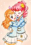  :d aikatsu! aikatsu!_(series) blush bow brown_eyes brown_hair closed_eyes hair_ornament hikari_(mitsu_honey) hug kurebayashi_juri long_hair looking_at_another multiple_girls one_eye_closed oozora_akari open_mouth pleated_skirt ponytail red_hair school_uniform skirt smile starlight_academy_uniform yuri 