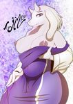  2015 absurd_res anthro big_breasts boss_monster breast_grab breasts caprine clothed clothing edit english_text female fur goat hair hand_on_breast hi_res horn huge_breasts looking_at_viewer mammal navel nipples purple_eyes slightly_chubby slit_pupils smile solo tailzkim text toriel undertale video_games voluptuous white_fur white_hair xxelementair 
