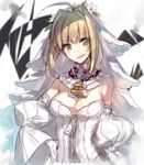  ahoge bangs blonde_hair blush breasts chain chocoan cleavage detached_sleeves eyebrows eyebrows_visible_through_hair fate/extra fate/extra_ccc fate/grand_order fate_(series) gloves green_eyes lock looking_at_viewer medium_breasts nero_claudius_(bride)_(fate) nero_claudius_(fate)_(all) puffy_detached_sleeves puffy_sleeves smirk solo upper_body veil white_sleeves zipper 
