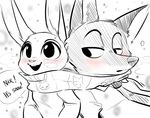  2016 anthro blush buckteeth canine clothed clothing dialogue disney duo english_text female fox glacierclear half-closed_eyes inner_ear_fluff judy_hopps lagomorph looking_away looking_back male mammal necktie nick_wilde outside rabbit restricted_palette romantic_couple scarf smile snow snowing teeth text zootopia 