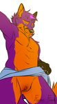  2016 anthro armpits black_nose blue_eyes canine clitoral_hood clothed clothing cuntboy exposed flynx-flink fur intersex mammal orange_fur purple_fur pussy simple_background skirt solo topless white_background 