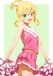  bare_shoulders blonde_hair blush cheerleader gloves green_eyes hair_ribbon idolmaster idolmaster_cinderella_girls long_hair looking_at_viewer navel open_mouth pettan_p pom_poms ponytail ribbon sakurai_momoka skirt smile solo white_gloves 