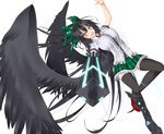  alternate_weapon arm_cannon black_hair black_legwear black_wings bow feathered_wings gmot hair_bow large_wings long_hair miniskirt open_mouth red_eyes reiuji_utsuho skirt solo thighhighs touhou very_long_hair weapon white_background wings zettai_ryouiki 