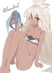  arm_at_side bare_arms bare_legs bare_shoulders barefoot bikini blush bow closed_mouth collarbone creature dark_skin dragon emphasis_lines eyebrows eyebrows_visible_through_hair flat_chest granblue_fantasy hair_between_eyes knees_up long_hair looking_at_viewer midriff navel red_bow red_eyes simple_background smile stomach sumaki_shungo swimsuit tail tail_bow twitter_username very_long_hair white_background white_bikini zooey_(granblue_fantasy) 