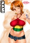  1girl bare_arms bare_legs bare_shoulders blush breasts character_name clenched_teeth cowboy_shot denim_shorts erect_nipples halter_top halterneck highres large_breasts legs looking_at_viewer midriff nami_(one_piece) naughty_face navel one_eye_closed one_piece one_piece:_strong_world orange_hair puffy_nipples red_eyes sakuradou shiny shiny_hair shiny_skin short_hair short_shorts shorts simple_background sleeveless smile solo standing striped_shirt tattoo taut_clothes taut_shirt thighs tubetop wink 