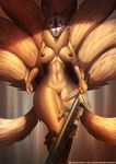  2016 anthro breasts brown_nipples canine doomthewolf female fox fur hi_res looking_at_viewer mammal multi_tail ninetails_(okami) nipples pussy solo thick_thighs weapon wide_hips yellow_fur 