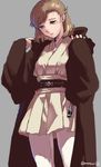  belt brown_hair energy_sword genderswap genderswap_(mtf) hood katsuoboshi lightsaber looking_down obi-wan_kenobi robe solo star_wars sword tunic twitter_username weapon 