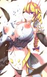  armor big_breasts blonde_hair blue_eyes breasts canine clothing erect_nipples female fox hair huge_breasts mammal nipples sirokoma_bgl solo torn_clothing underwear wardrobe_malfunction 