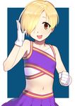  bags_under_eyes blonde_hair blush brown_eyes cheerleader commentary_request crop_top flat_chest gloves hair_over_one_eye idolmaster idolmaster_cinderella_girls looking_at_viewer midriff navel open_mouth pettan_p shirasaka_koume short_hair skirt sleeveless smile solo white_gloves 