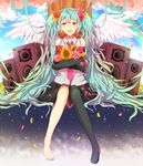  :d aqua_hair bad_id bad_pixiv_id bare_shoulders barefoot black_legwear black_skirt blush boots cherry_blossoms cloud crying crying_with_eyes_open day detached_sleeves flower hair_flower hair_ornament hatsune_miku highres konomi_(kumagai20) long_hair looking_at_viewer nail_polish necktie open_mouth petals pink_neckwear rainbow red_eyes shirt single_boot single_thigh_boot sitting skirt sleeveless sleeveless_shirt sleeves_past_wrists smile solo sparkle speaker tears thigh_boots thighhighs tree very_long_hair vocaloid white_wings wings 