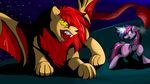  2013 angry big_teeth duo equine female feral fight friendship_is_magic fur hair horn inkybeaker magic mammal manticore manticore_(mlp) multicolored_hair my_little_pony open_mouth outside purple_eyes purple_fur red_hair sky star twilight_sparkle_(mlp) unicorn yellow_fur 