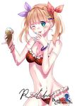  aki_ishikawa bikini blonde_hair bloody_chronicles blue_eyes blush bracelet copyright_name food hair_ornament hair_ribbon hairclip ice_cream ice_cream_cone jewelry licking logo navel official_art one_eye_closed ribbon seiyuu short_twintails simple_background smile solo swimsuit tongue tongue_out twintails white_background 