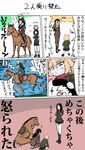  black_hair brown_hair carrying chi-hatan_military_uniform comic commentary girls_und_panzer highres horse horseback_riding jacket katyusha long_hair long_sleeves military military_uniform miniskirt multiple_girls nishi_kinuyo nonna on_shoulder open_mouth pravda_military_uniform riding seiza short_hair shoulder_carry sitting skirt smile translation_request uniform zasshu_nigou 