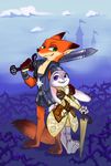  amber_(armello) anthro armello armor barefoot buckteeth canine castle claws clothed clothing cosplay crossover disney duo eye_contact fangs female fox hi_res judy_hopps lagomorph looking_back magical_jim male mammal melee_weapon nick_wilde outside parasol rabbit scroll size_difference smile sword teeth thane_(armello) thorns toe_claws weapon zootopia 