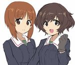  akiyama_yukari ashiwara_yuu black_gloves brown_eyes brown_hair girls_und_panzer gloves looking_at_viewer military military_uniform multiple_girls nishizumi_miho ooarai_military_uniform open_mouth short_hair sketch smile uniform 