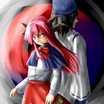  1girl ao-shiba back-to-back black_eyes black_hair capelet commentary_request hat horns japanese_clothes long_hair red_eyes red_hair shingyoku tate_eboshi touhou touhou_(pc-98) yin_yang 