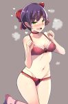  1girl :d bangs bare_arms bare_shoulders blush bow bra breasts choker cleavage collarbone eyebrows_visible_through_hair fang gegege_no_kitarou green_eyes hair_bow hands_up heart ippongui lace lace-trimmed_bra leg_up looking_at_viewer navel nekomusume nekomusume_(gegege_no_kitarou_6) nose_blush open_mouth panties paw_pose purple_background purple_hair red_bow red_bra red_choker red_footwear red_panties see-through short_hair simple_background small_breasts smile solo standing standing_on_one_leg steaming_body stomach sweat thighs thong underwear underwear_only 