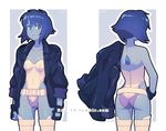  ass ass_visible_through_thighs back blue_eyes blue_hair blue_skin collarbone cosplay dav-19 fingerless_gloves gem ghost_in_the_shell gloves hand_on_hip jacket jacket_over_shoulder kusanagi_motoko kusanagi_motoko_(cosplay) lapis_lazuli_(steven_universe) leather leather_jacket leotard multiple_views short_hair steven_universe thigh_gap thighhighs 