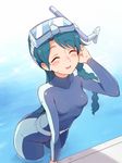  ^_^ blue_hair blush braid closed_eyes diving_mask diving_mask_on_head go!_princess_precure kaidou_minami long_hair pool poolside precure single_braid smile snorkel solo toku_(ke7416613) wading wetsuit 