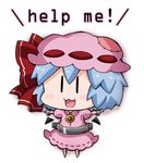  bat_wings blue_hair blush bound bound_wrists bow brooch chibi commentary dress fang hat hat_bow jewelry mob_cap no_shoes noai_nioshi patch pink_dress remilia_scarlet short_sleeves simple_background solo touhou wings |_| 