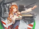  :o \||/ anchor armor brown_eyes brown_hair detached_sleeves hand_on_own_chest hand_up headdress kantai_collection littorio_(kantai_collection) long_hair machinery necktie open_mouth pleated_skirt shirt skirt sleeveless sleeveless_shirt solo toka_(marchlizard) turret v-shaped_eyebrows wavy_hair 
