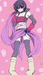  1girl bare_shoulders belt black_hair blood blush breasts cape choker elbow_gloves gloves midriff navel pink_background purple_eyes rutee_katrea short_hair short_shorts shorts smile star tales_of_(series) tales_of_destiny thighhighs 