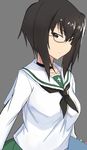  ashiwara_yuu black_hair brown_eyes folder girls_und_panzer green_skirt kawashima_momo looking_at_viewer monocle ooarai_school_uniform school_uniform serafuku short_hair skirt solo 