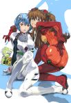  2girls aqua_hair ass ayanami_rei blue_eyes book breasts brown_hair clenched_teeth erect_nipples full_body hair_between_eyes hair_ornament hand_on_own_ass highres long_hair looking_at_viewer looking_back medium_breasts multiple_girls neon_genesis_evangelion open_mouth plugsuit red_eyes short_hair sitting skin_tight soryu_asuka_langley squatting teeth twintails yasuda_akira 