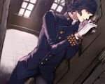  androgynous black_hair blue_eyes buttons cowboy_shot frown gloves gun indoor looking_at_viewer lupin_iii male_focus oscar_(lupin) solo wavy_hair weapon window 