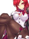  bangs breasts brown_legwear buttons card closed_mouth club_(shape) colored_eyelashes diamond_(shape) elesis_(elsword) elsword eyebrows eyebrows_visible_through_hair eyelashes fi-san flower gloves hand_on_own_chest heart highres large_breasts leotard long_hair looking_at_viewer pantyhose playing_card red_eyes red_flower red_hair red_rose rose sitting smile solo spade_(shape) swept_bangs thigh_strap transparent_background white_gloves wrist_cuffs 