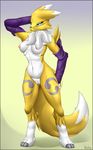  2016 absurd_res anthro black_sclera blue_eyes breasts canine digimon facial_markings female fox fur hi_res looking_at_viewer mammal markings nipples pussy renamon simple_background solo voider_(artist) white_fur yellow_fur 