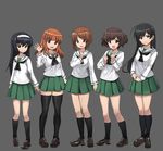  akiyama_yukari ashiwara_yuu black_eyes black_hair black_legwear brown_eyes girls_und_panzer green_skirt hairband highres isuzu_hana loafers long_hair looking_at_viewer multiple_girls nishizumi_miho ooarai_school_uniform open_mouth pleated_skirt reizei_mako school_uniform serafuku shoes short_hair skirt smile standing takebe_saori thighhighs waving 