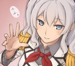  blue_eyes buttons close-up enosan epaulettes frilled_sleeves frills hair_ribbon jacket kantai_collection kashima_(kantai_collection) kerchief looking_at_viewer military military_uniform no_gloves pink_background reaching_out ribbon silver_hair smile solo twintails uniform upper_body wavy_hair 