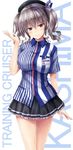  alternate_costume beret blue_eyes blush breasts character_name collared_shirt commentary_request cowboy_shot employee_uniform hat head_tilt id_card impossible_clothes jpeg_artifacts kantai_collection kashima_(kantai_collection) large_breasts lawson looking_at_viewer miniskirt pleated_skirt shirt short_sleeves sidelocks silver_hair skirt smile solo striped striped_shirt suien twintails uniform vertical-striped_shirt vertical_stripes wavy_hair 
