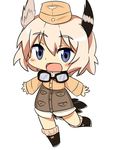  bakunyuu_gorilla bird_tail blush_stickers chibi garrison_cap goggles goggles_around_neck hat head_wings highres looking_at_viewer military military_uniform open_mouth outstretched_arms pink_hair raisa_pottgen simple_background smile solo standing standing_on_one_leg strike_witches tail uniform white_background world_witches_series 