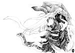  1girl absurdres aduan beads braid chinese_clothes covered_mouth greyscale hat hatching_(texture) highres holding holding_hat long_hair long_sleeves monochrome original profile signature simple_background sketch solo straw_hat veil white_background 