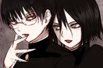  2boys androgynous black_hair eyelashes finger_to_mouth gakuran glasses grey_eyes jaibo_(litchi_hikari_club) litchi_hikari_club looking_at_another male_focus maruino multiple_boys open_mouth school_uniform simple_background smile uniform zera_(litchi_hikari_club) 