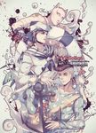  anchor artist_name black_hair blood bubble copyright_name dated flower hat jojo_no_kimyou_na_bouken jojolion killer_queen kira_yoshikage_(jojolion) kuujou_josefumi multiple_boys pompadour rose sailor sailor_hat soft_&amp;_wet stand_(jojo) sweater waves wenny02 