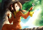  1girl bird blush brown_eyes brown_hair fingerless_gloves gloves japanese_clothes long_hair open_mouth ponytail scarf suzu_fujibayashi tales_of_(series) tales_of_phantasia tree 