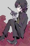  androgynous black_hair blue_eyes boots buttons flower from_side full_body gloves gun high_heels knees_up looking_at_viewer lupin_iii male_focus oscar_(lupin) roses simple_background sitting solo wavy_hair weapon 