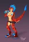  2016 abs anthro areola athletic big_breasts black_scales blue_claws blue_feathers blue_hair blue_nipples bottle breasts brown_scales claws clothed clothing crop_top dinosaur english_text eyeshadow feathers female green_eyes hair long_hair looking_at_viewer makeup navel nipples purple_background raptor red_scales scales sharp_teeth shirt shirt_up shorts sif signature simple_background slit_pupils smile solo stripes teeth text theropod toe_claws undressing wet wide_hips 