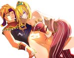  1girl bad_id bad_pixiv_id bare_shoulders blonde_hair bottomless collarbone cum earrings ejaculation goritania handjob hetero jewelry long_hair one_eye_closed open_mouth penis pinky_out pointy_ears primm randi seiken_densetsu seiken_densetsu_2 simple_background testicles white_background yellow_eyes 