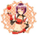  1girl apple belt blush breasts choker elbow_gloves gloves midriff navel one_eye_closed purple_eyes purple_hair rutee_katrea short_hair short_shorts shorts tales_of_(series) tales_of_destiny wink 