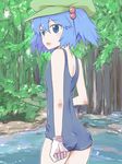  :o ass bare_shoulders blue_eyes blue_hair clenched_hand forest from_behind gloves hair_bobbles hair_ornament hat jack_(wkm74959) kawashiro_nitori looking_back nature one-piece_swimsuit open_mouth river school_swimsuit short_hair short_twintails solo stream swimsuit touhou tree twintails two_side_up water white_gloves 